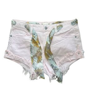 Altar’d State Pink Distressed Denim Shorts Size 27, Boho Belted High Rise Cutoff